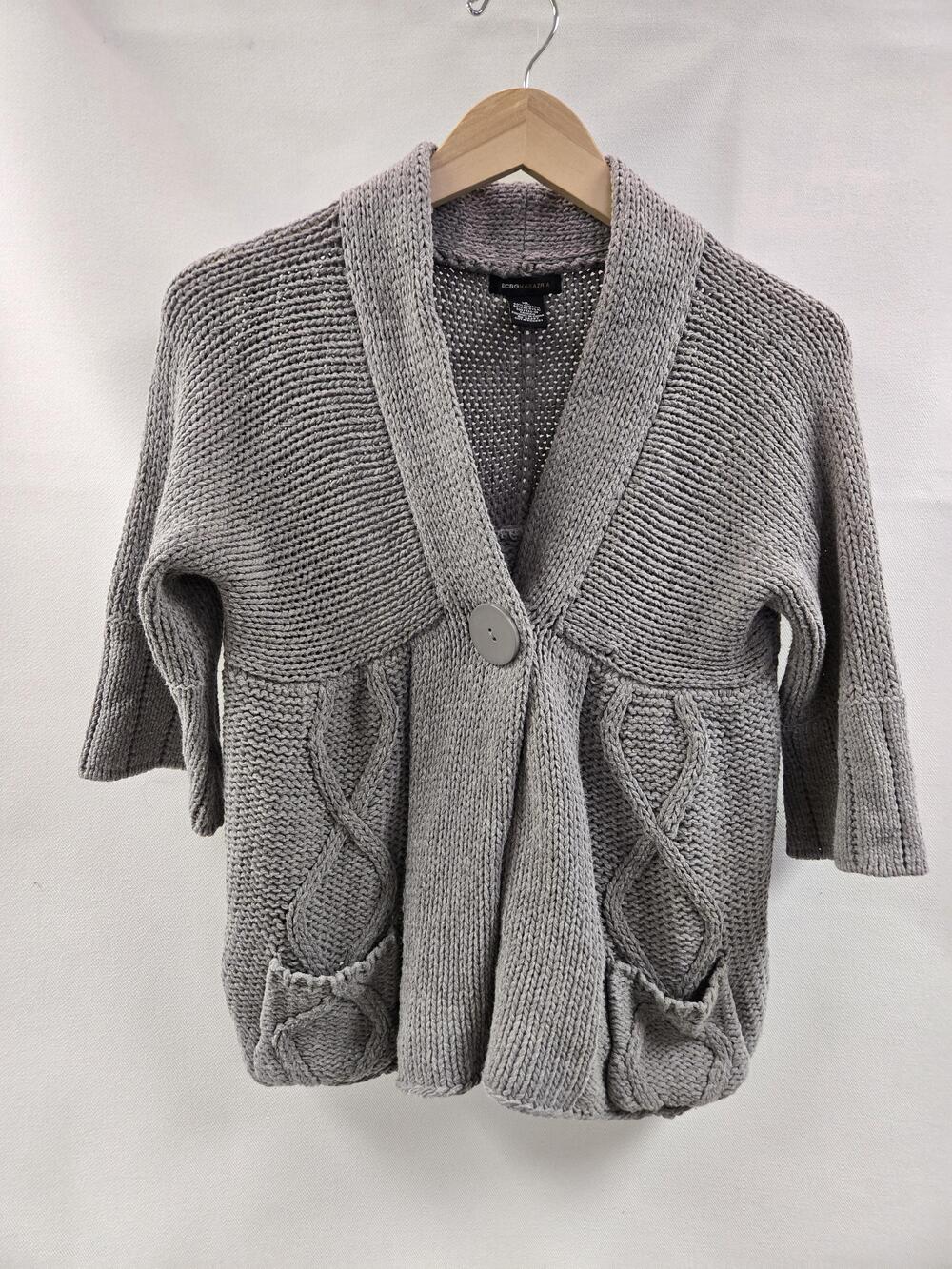 BCBGMAXAZRIA Sweater Womens XL Gray Short Sleeve Cardigan Knit Shawl Collar